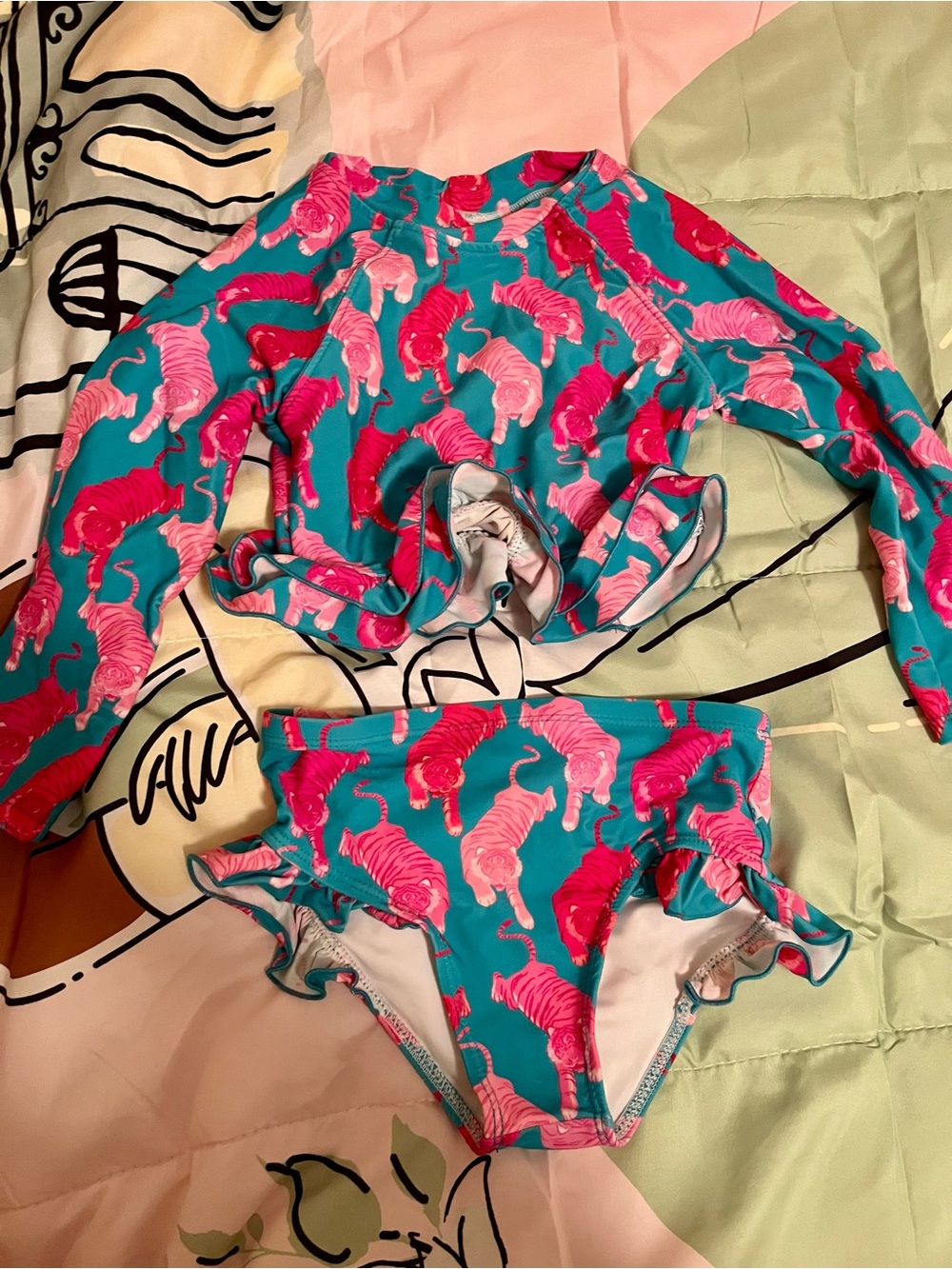 Posh Peanut Teal Swimsuit Set with Pink Tigers
